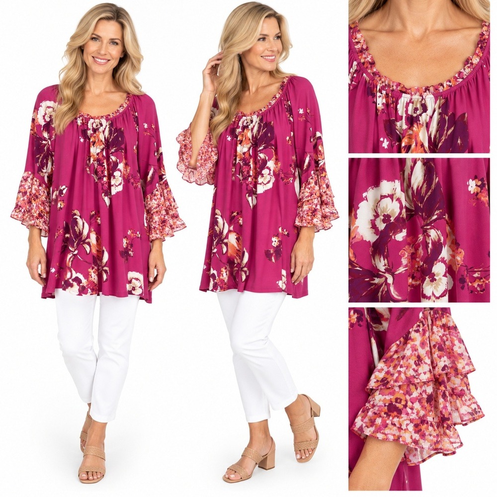 Susan Graver Tunic 2X Pink Floral Ruffle Bell Sleeve Peasant Boho Stretch Top